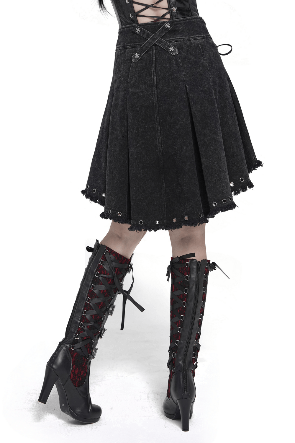 Women's Gothic Denim Skirt with Lace-Up Strap Details