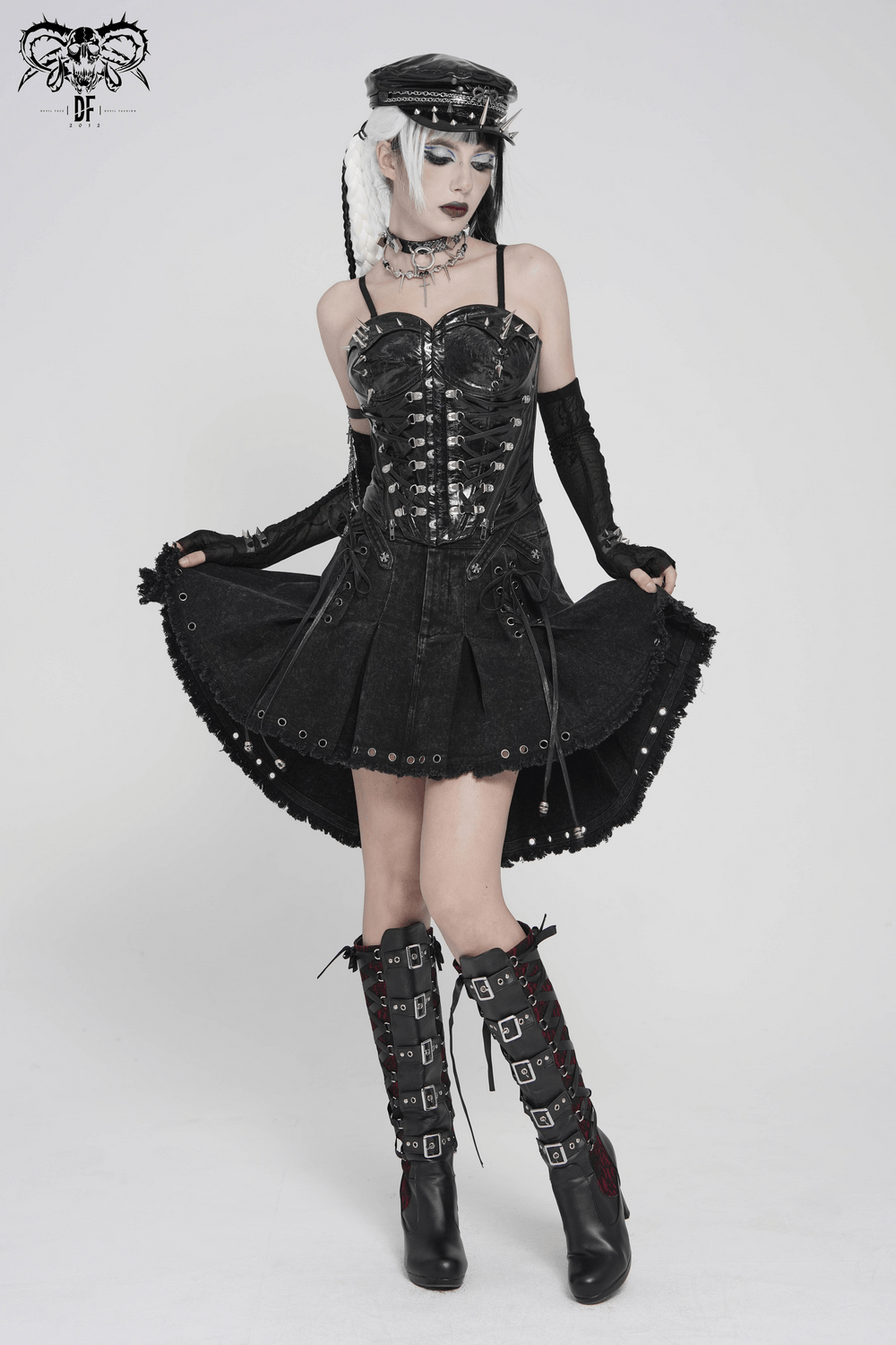 Women's Gothic Denim Skirt with Lace-Up Strap Details