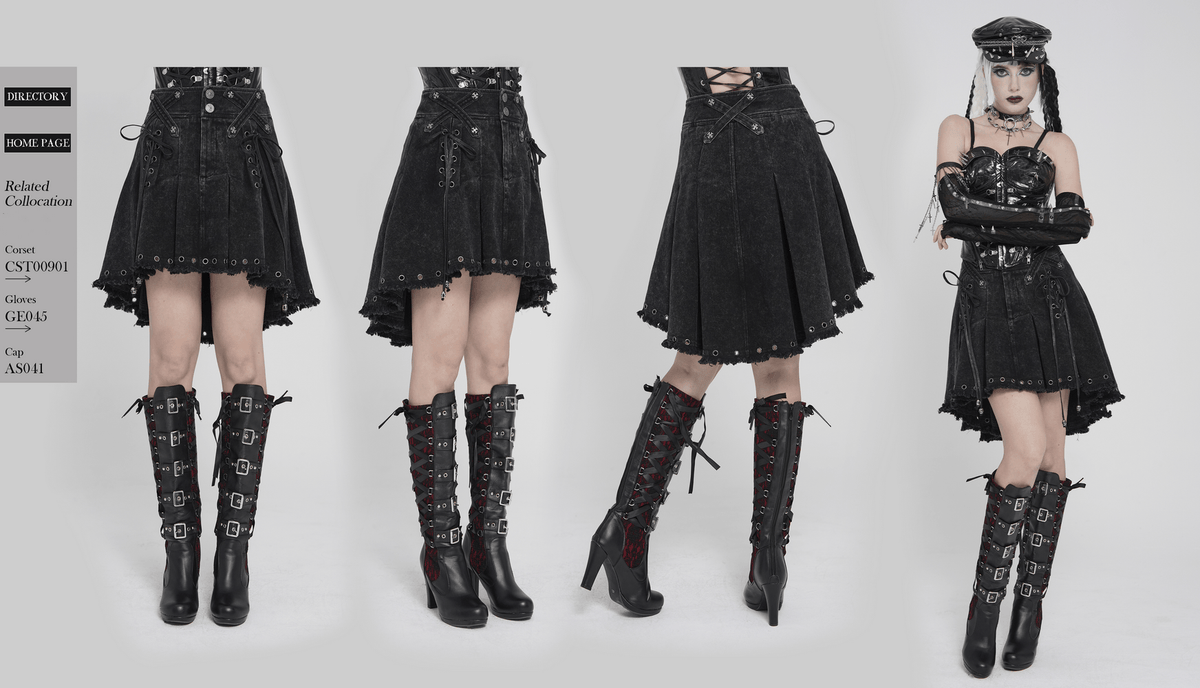 Women's Gothic Denim Skirt with Lace-Up Strap Details