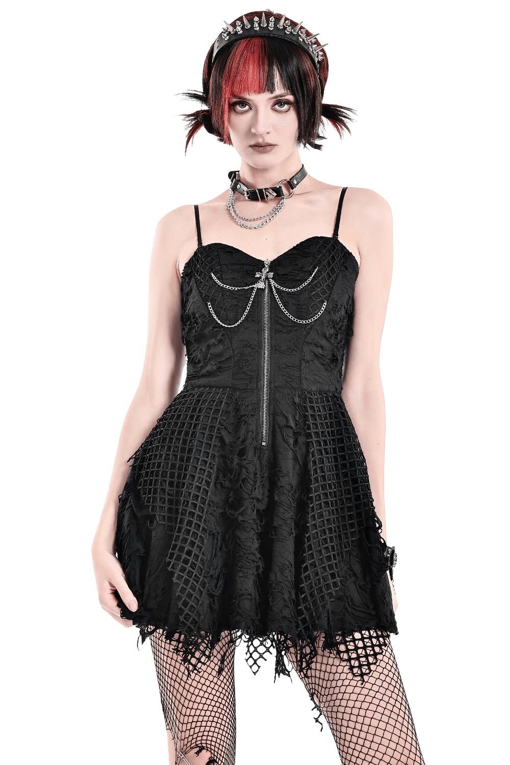 Women's Gothic Distressed Mesh Chain Mini Dress
