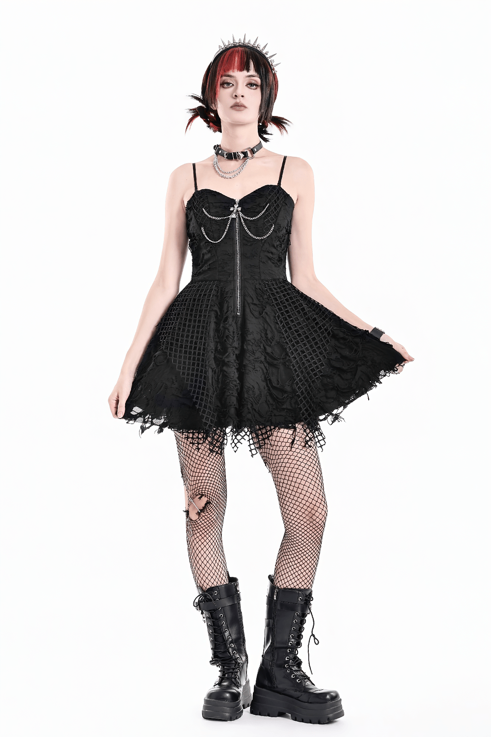 Women's Gothic Distressed Mesh Chain Mini Dress