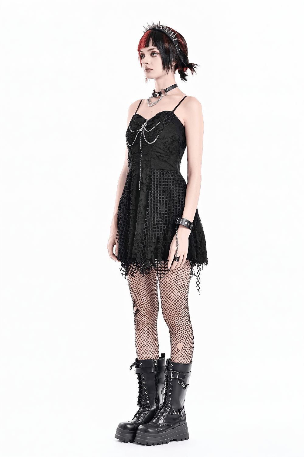 Women's Gothic Distressed Mesh Chain Mini Dress