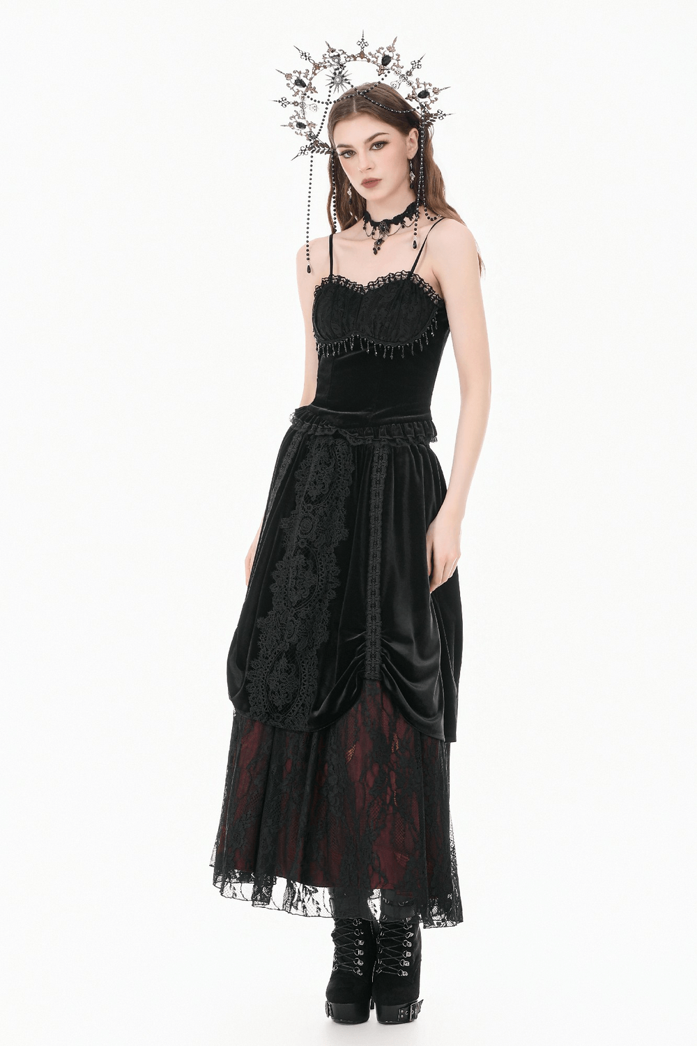 Women's Gothic Lace Camisole with Beaded Bust and Frills