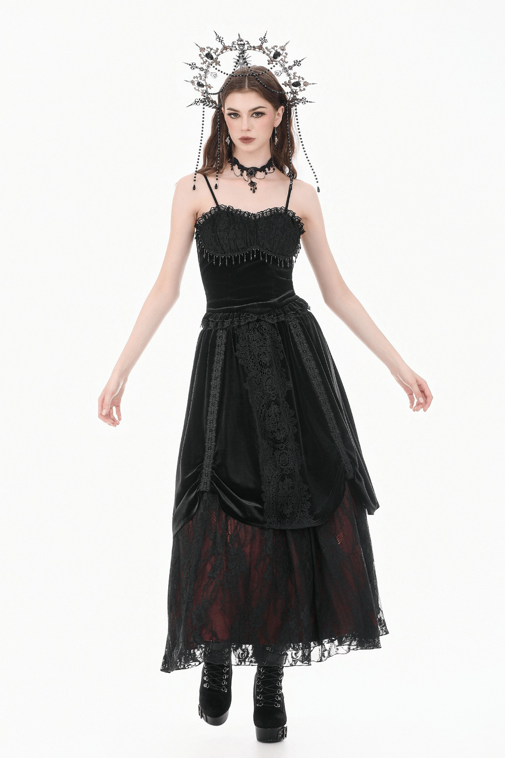 Women's Gothic Lace Camisole with Beaded Bust and Frills