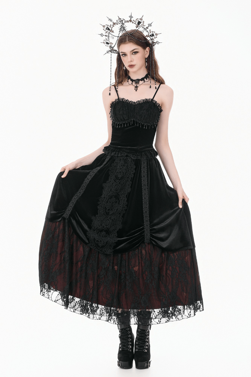 Women's Gothic Lace Camisole with Beaded Bust and Frills