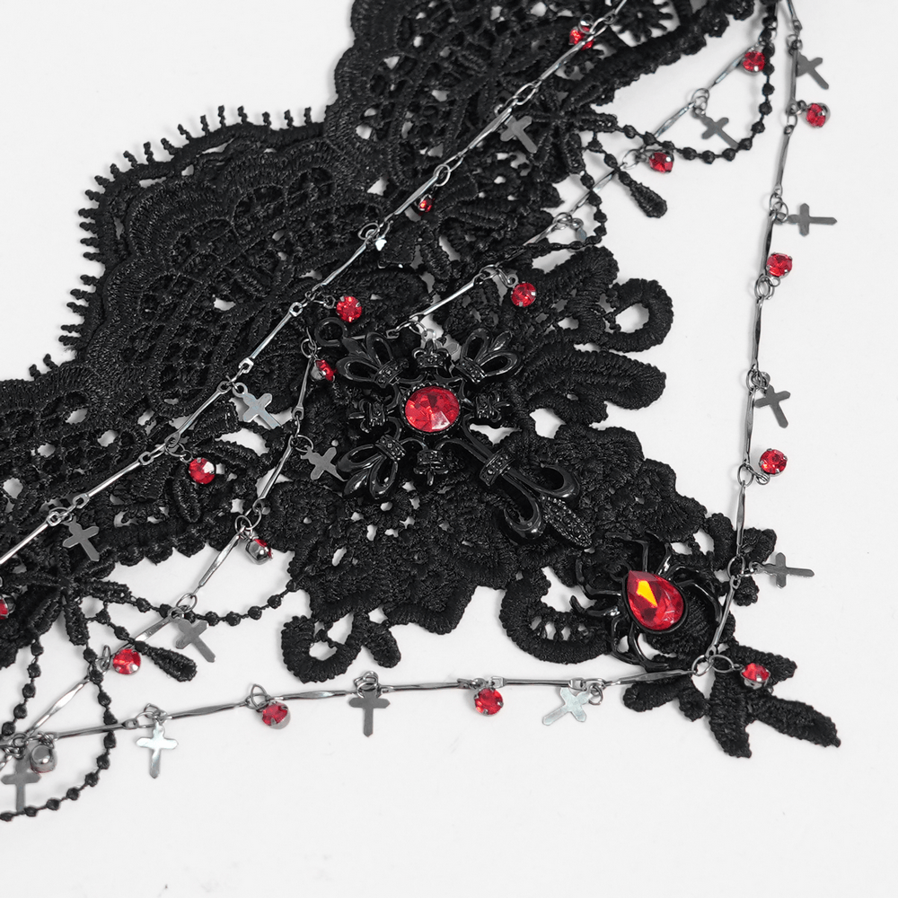 Women's Gothic Lace Red Gem Layered Choker Necklace
