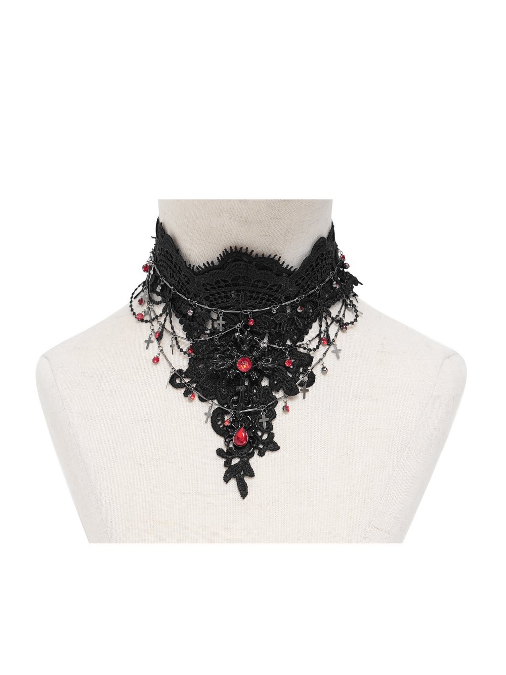 Women's Gothic Lace Red Gem Layered Choker Necklace