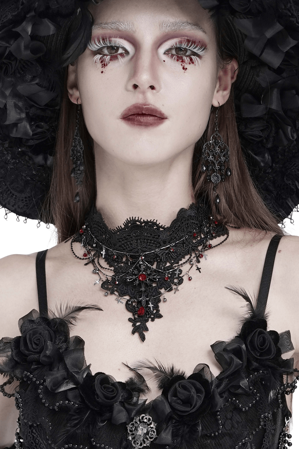 Women's Gothic Lace Red Gem Layered Choker Necklace