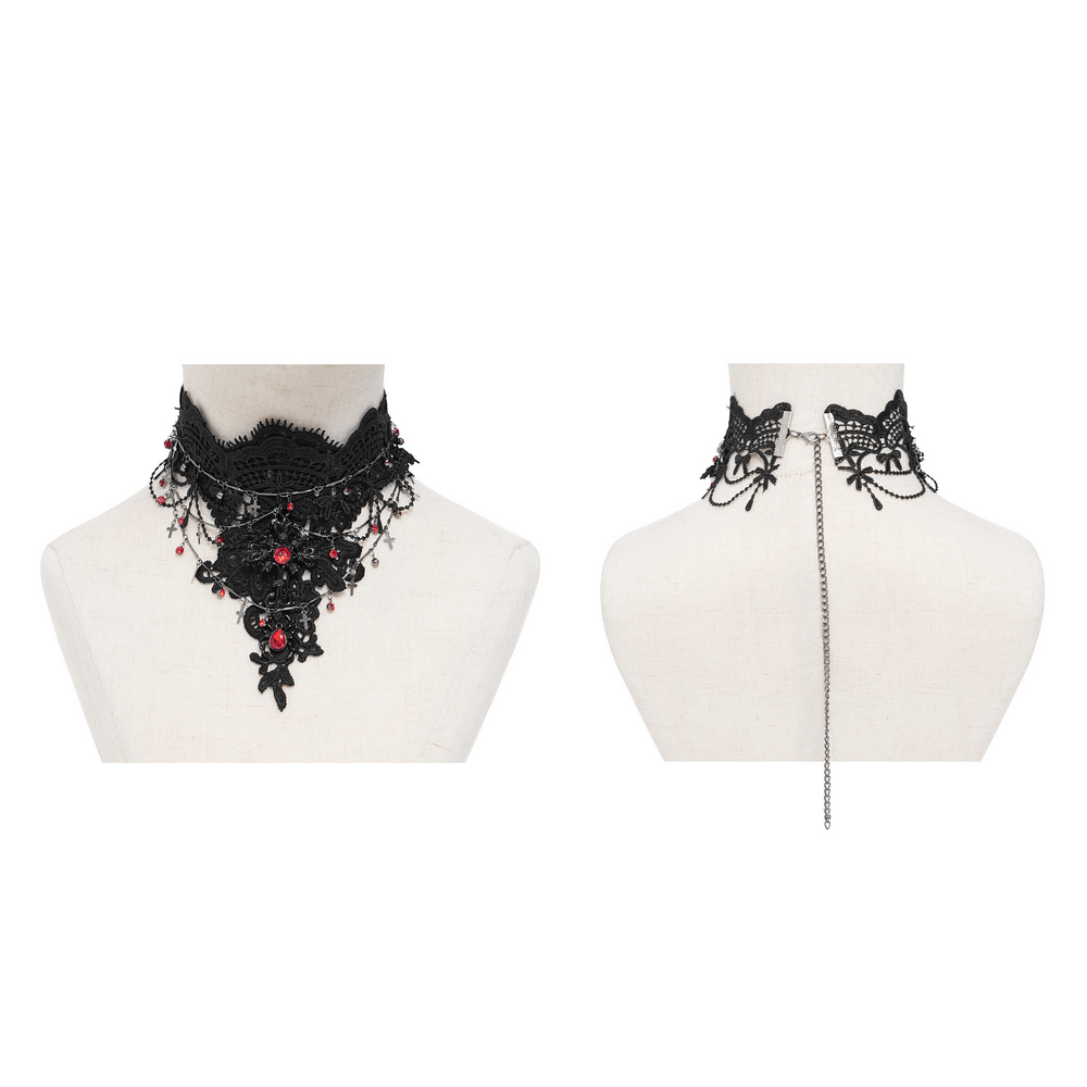 Women's Gothic Lace Red Gem Layered Choker Necklace