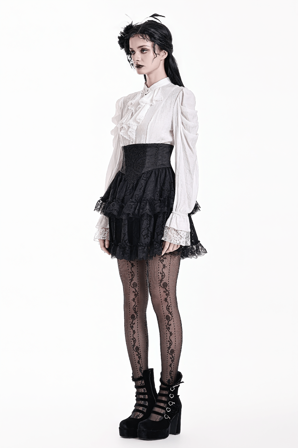 Women's Gothic Lace Ruffle High Waist Mini Skirt