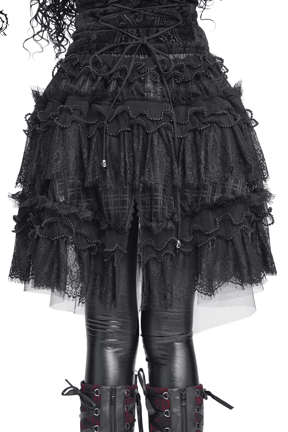 Women's Gothic Lace Ruffle Mini Skirt with Layered Trim