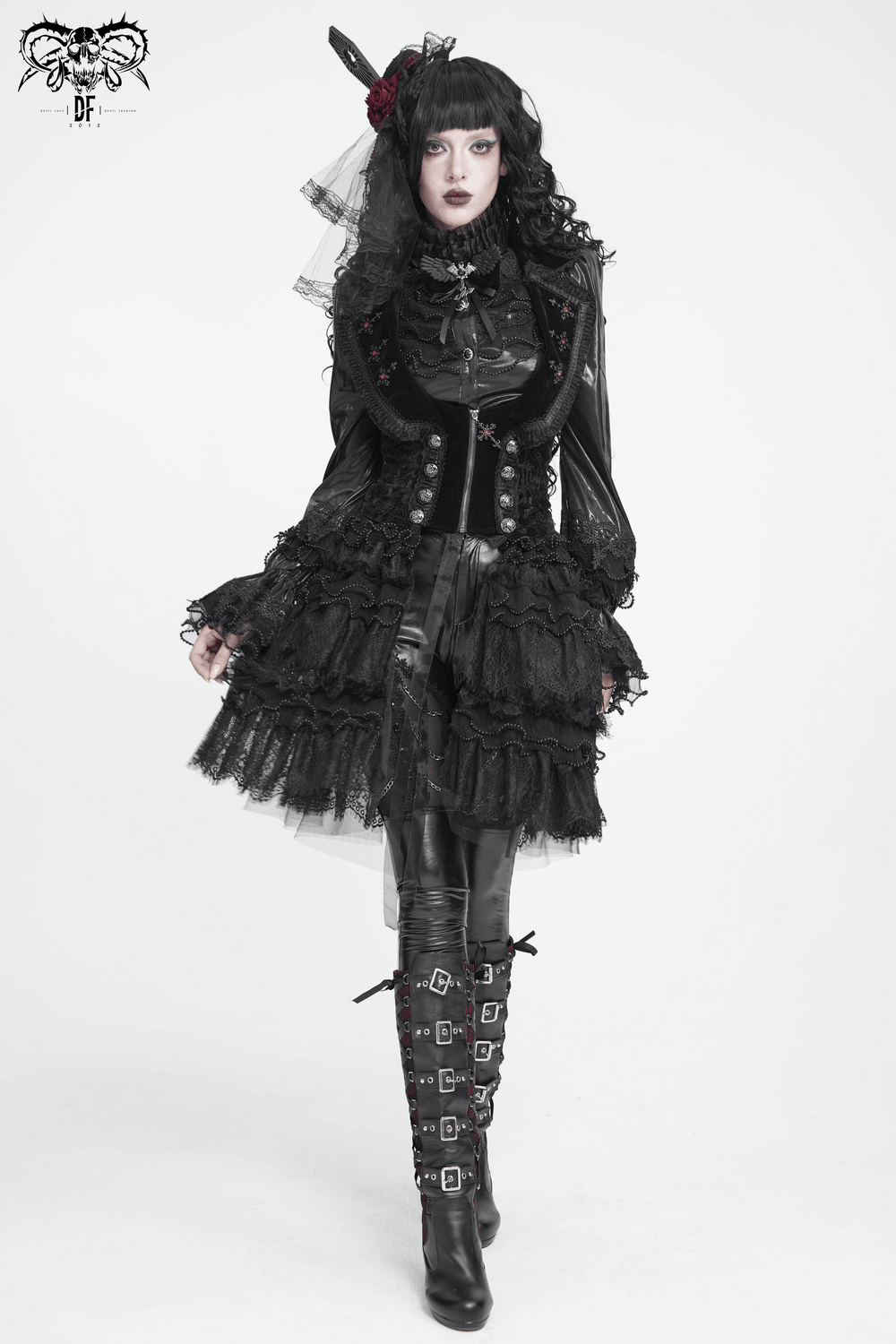 Women's Gothic Lace Ruffle Mini Skirt with Layered Trim