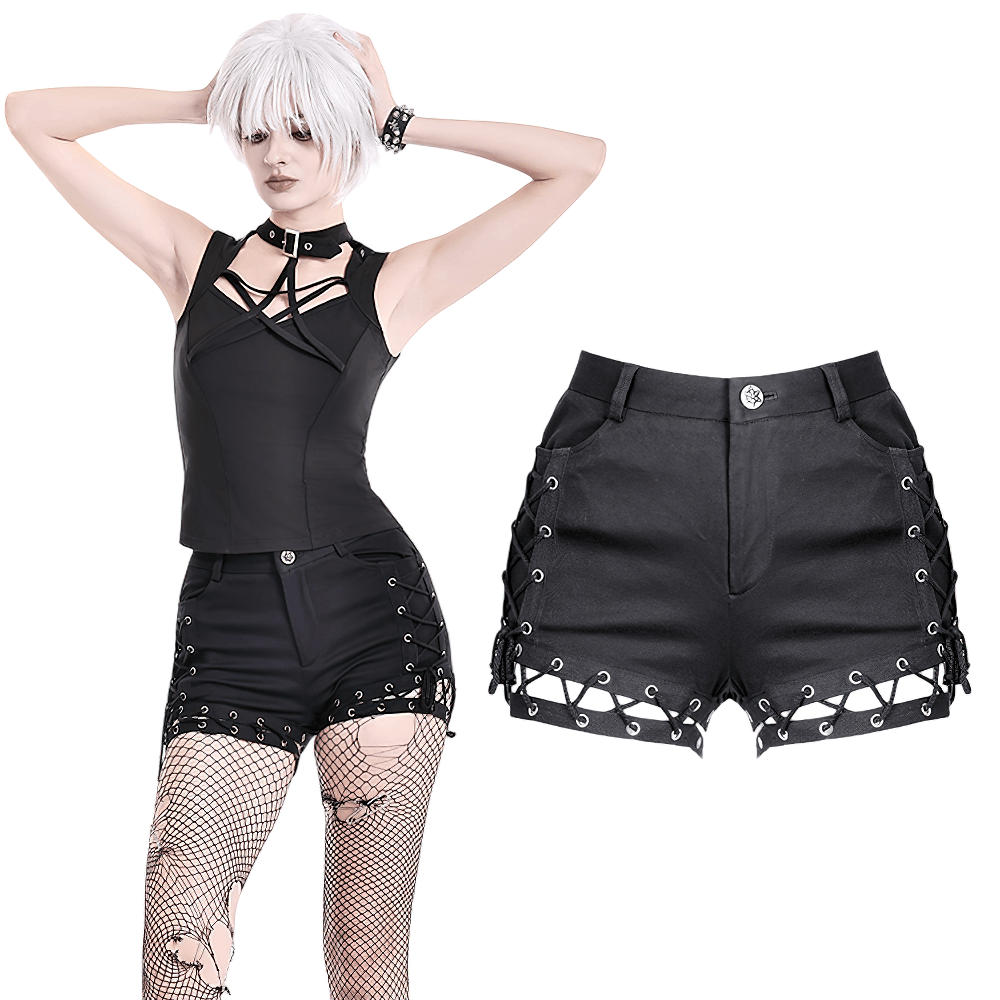 Women's Gothic Lace-Up Cutout High-Waist Shorts
