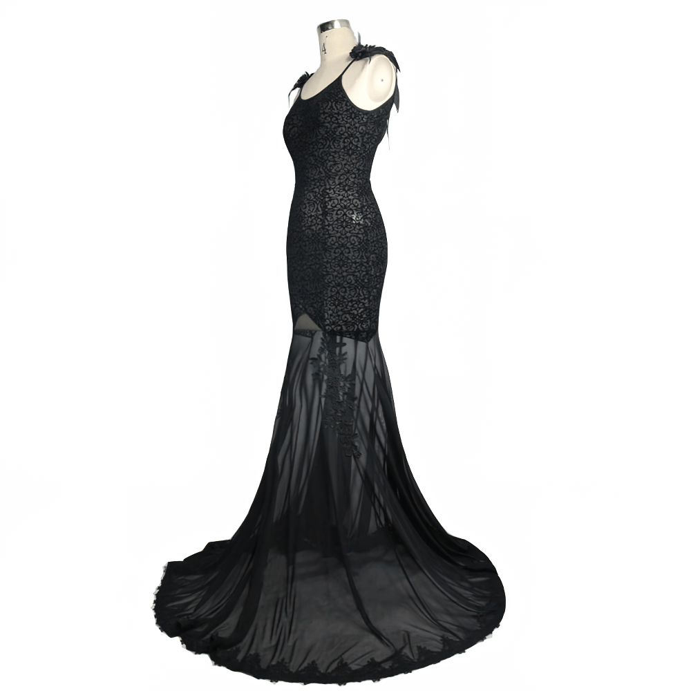 Women's Gothic Long Dress with transparent Bottom / Black Sexy Backless Dresses with Embroidery