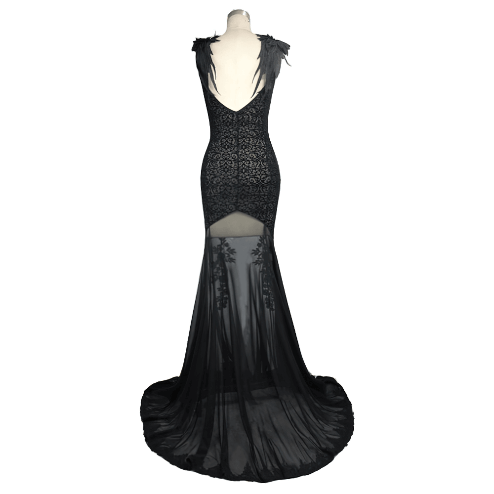 Women's Gothic Long Dress with transparent Bottom / Black Sexy Backless Dresses with Embroidery