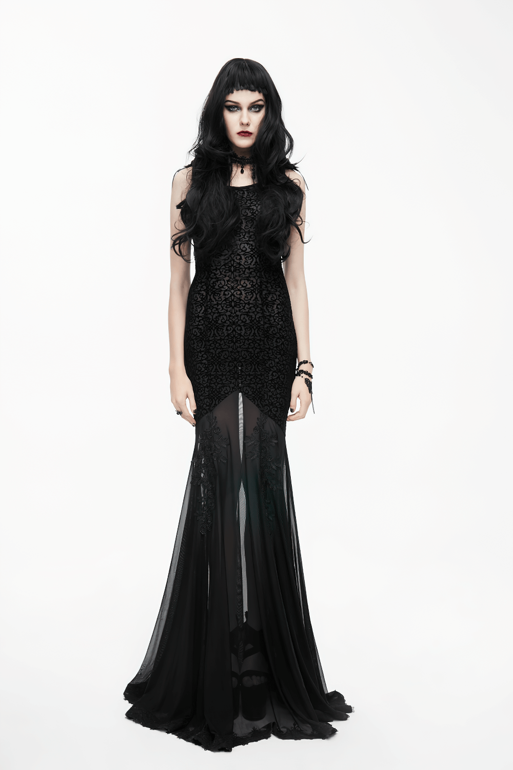 Women's Gothic Long Dress with transparent Bottom / Black Sexy Backless Dresses with Embroidery