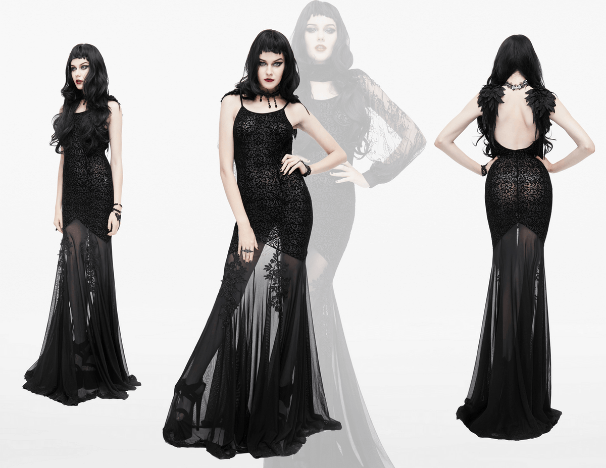 Women's Gothic Long Dress with transparent Bottom / Black Sexy Backless Dresses with Embroidery