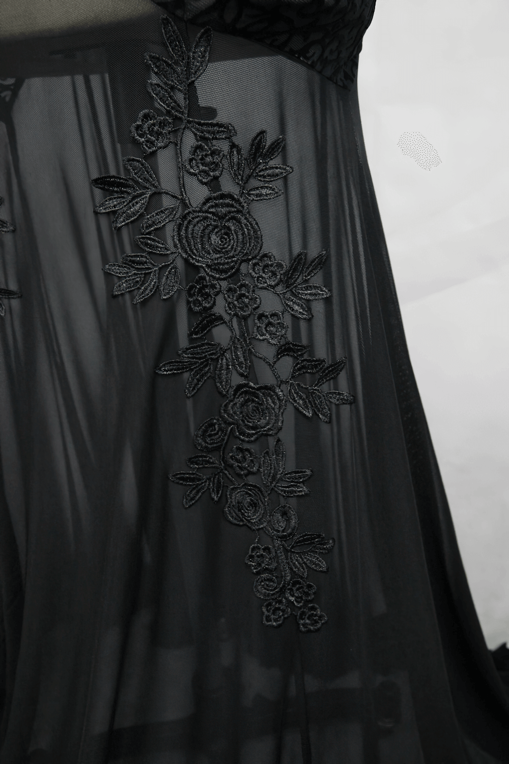 Women's Gothic Long Dress with transparent Bottom / Black Sexy Backless Dresses with Embroidery
