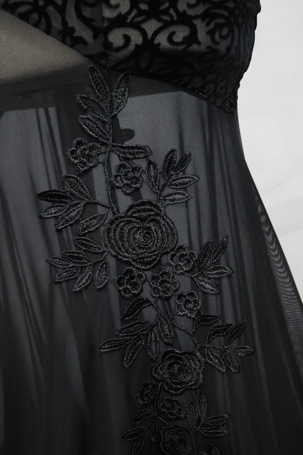 Women's Gothic Long Dress with transparent Bottom / Black Sexy Backless Dresses with Embroidery