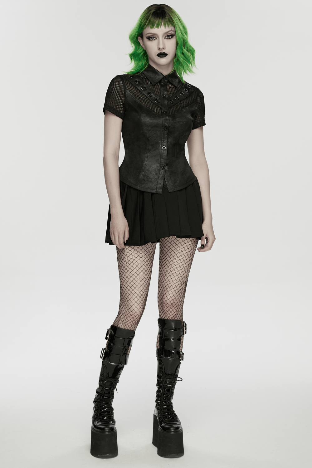 Women's Gothic Mesh Faux Leather Shirt With Lace-Up Back