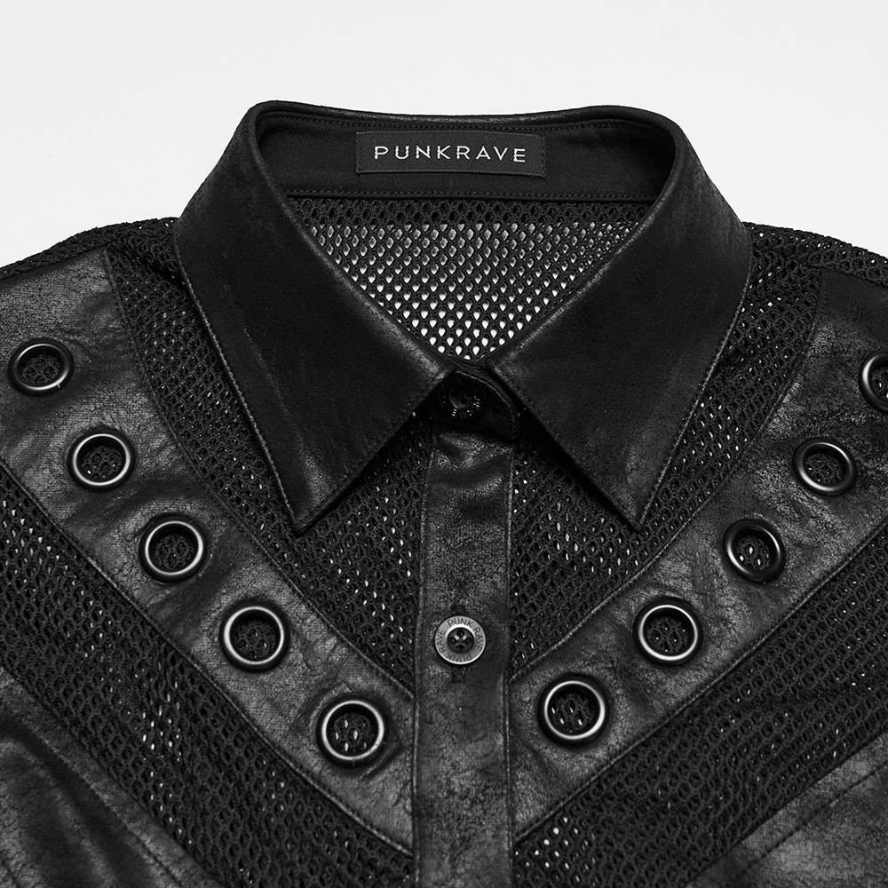 Women's Gothic Mesh Faux Leather Shirt With Lace-Up Back