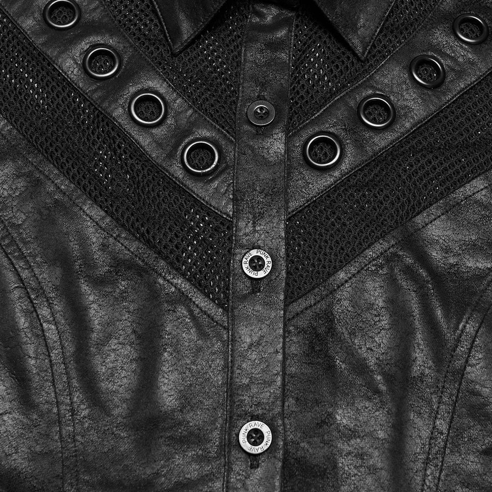 Women's Gothic Mesh Faux Leather Shirt With Lace-Up Back