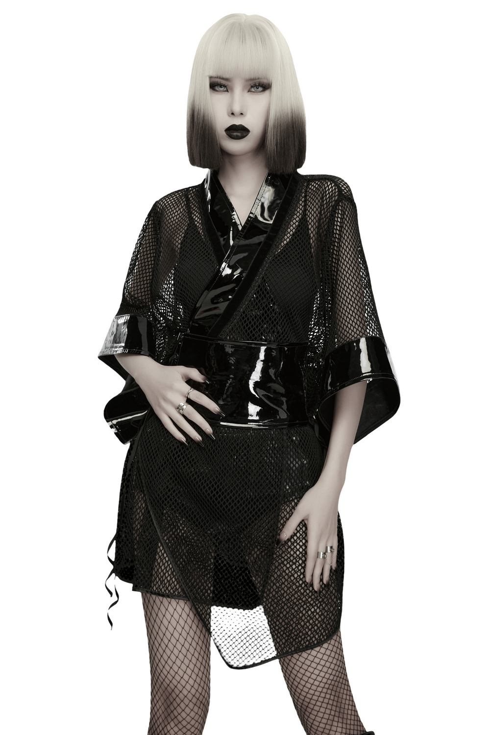 Women's Gothic Mesh Kimono with Patent Corset Belt