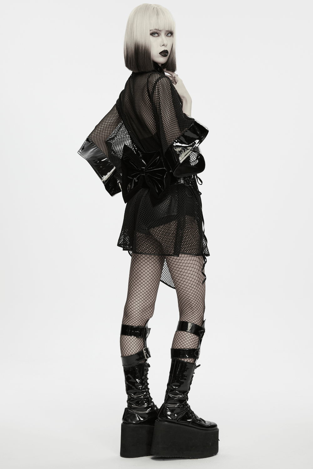 Women's Gothic Mesh Kimono with Patent Corset Belt