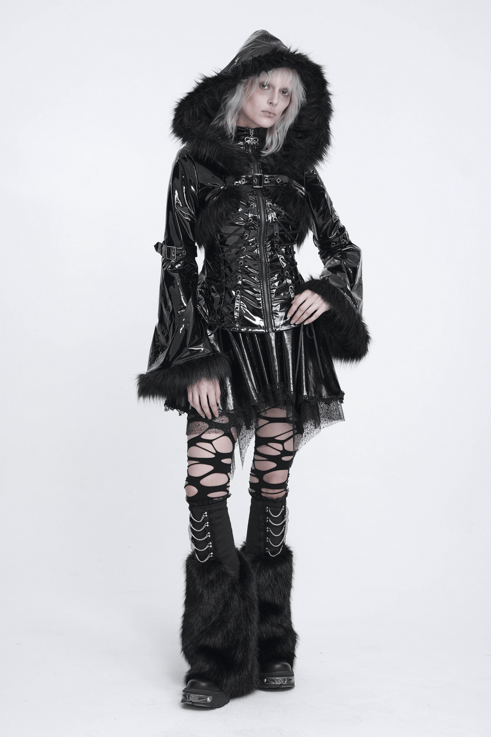 Women's Gothic Patent Hooded Jacket with Faux Fur