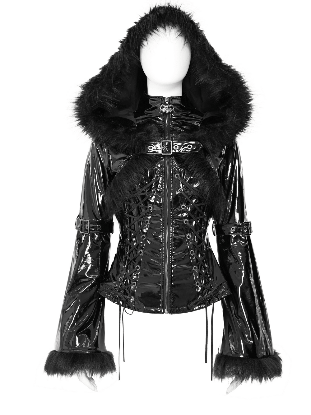 Women's Gothic Patent Hooded Jacket with Faux Fur