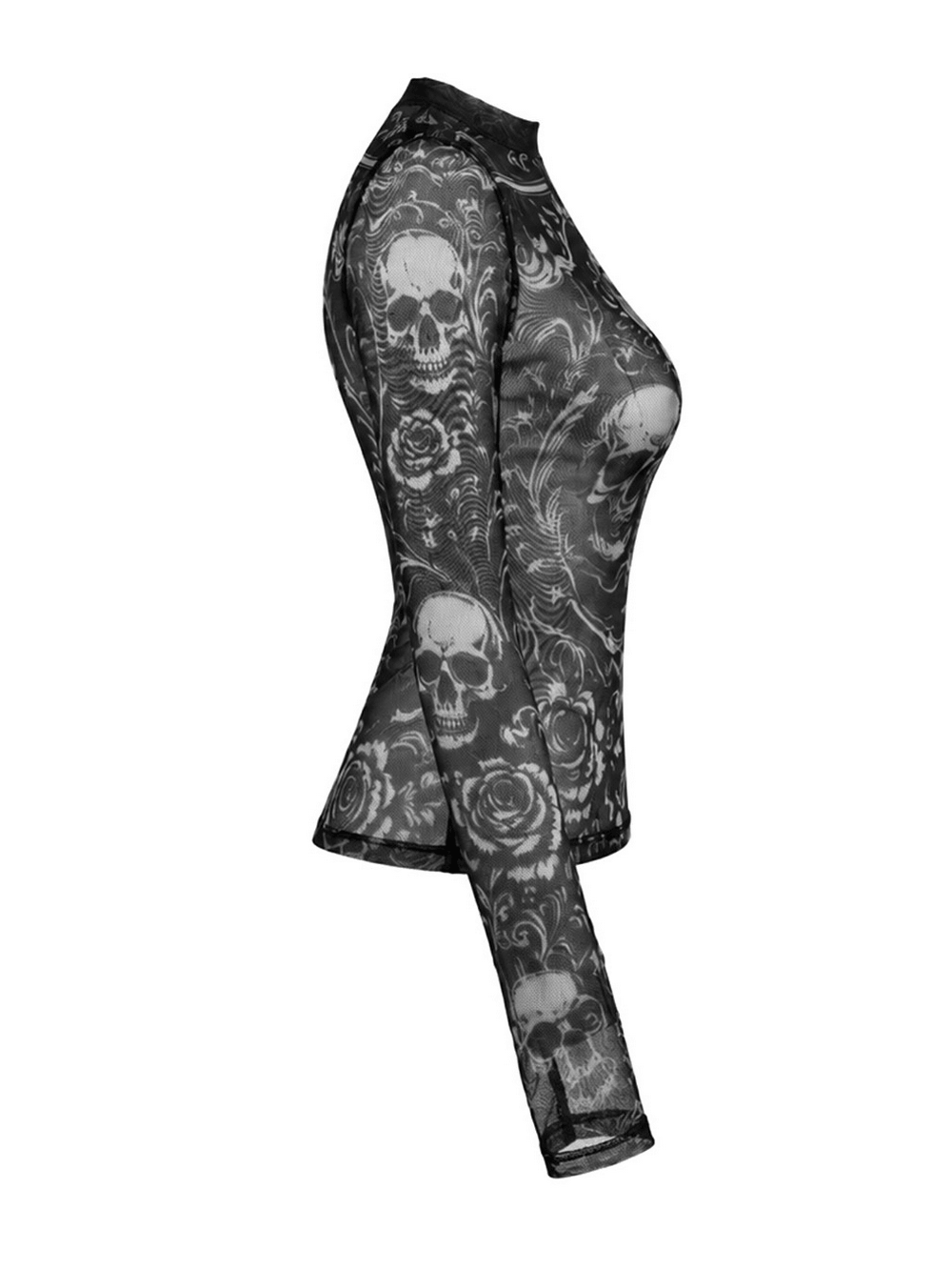 Women's Gothic Skull and Rose Mesh Long Sleeve Sheer Top