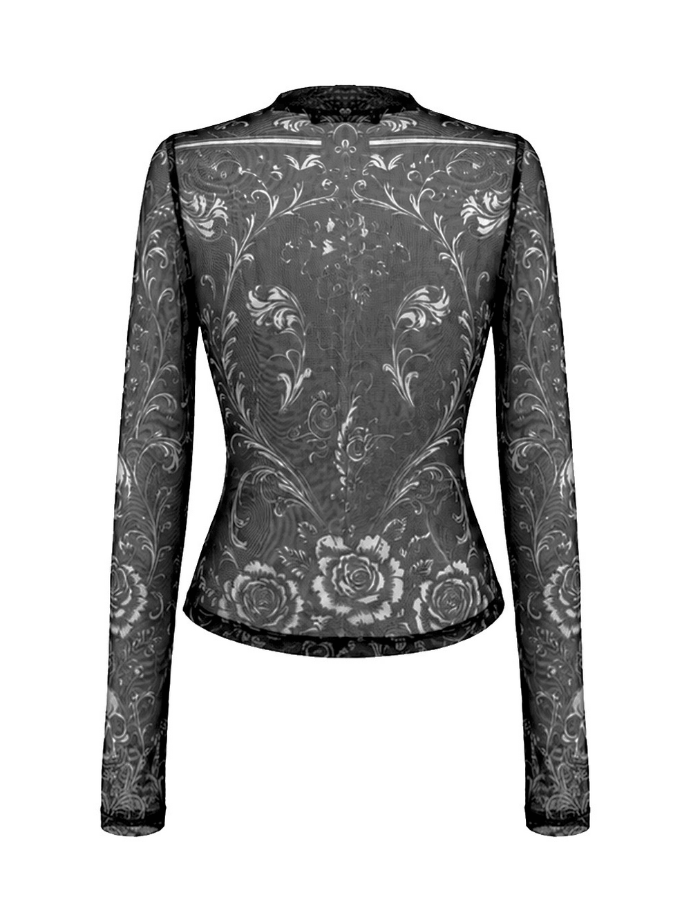 Women's Gothic Skull and Rose Mesh Long Sleeve Sheer Top