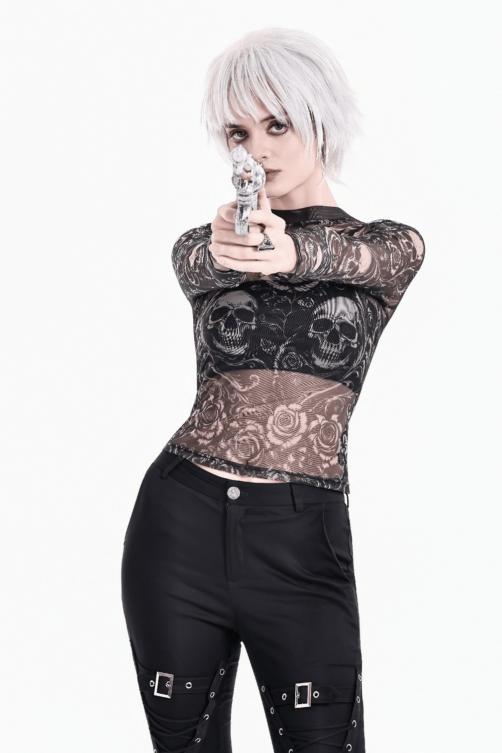 Women's Gothic Skull and Rose Mesh Long Sleeve Sheer Top