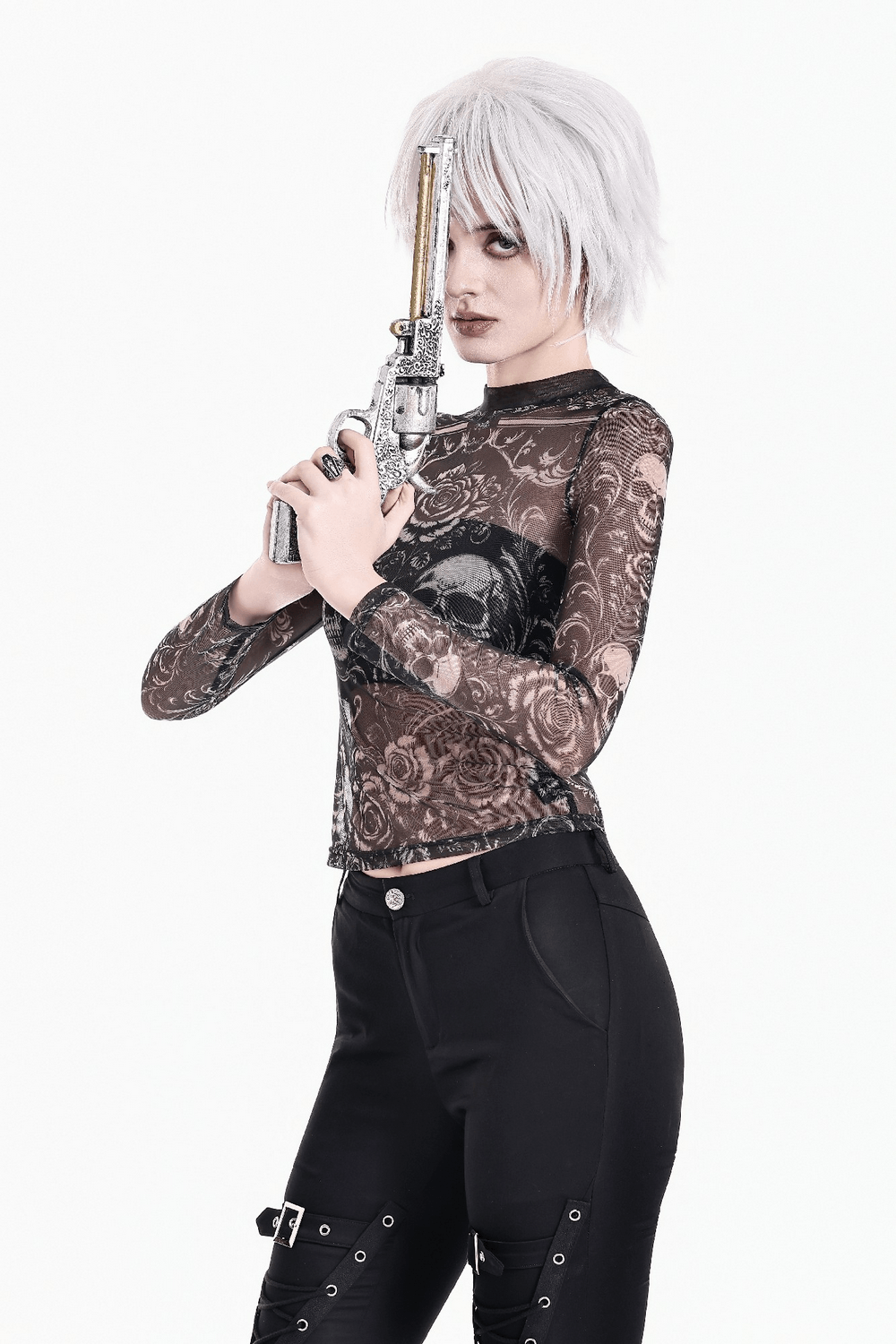 Women's Gothic Skull and Rose Mesh Long Sleeve Sheer Top