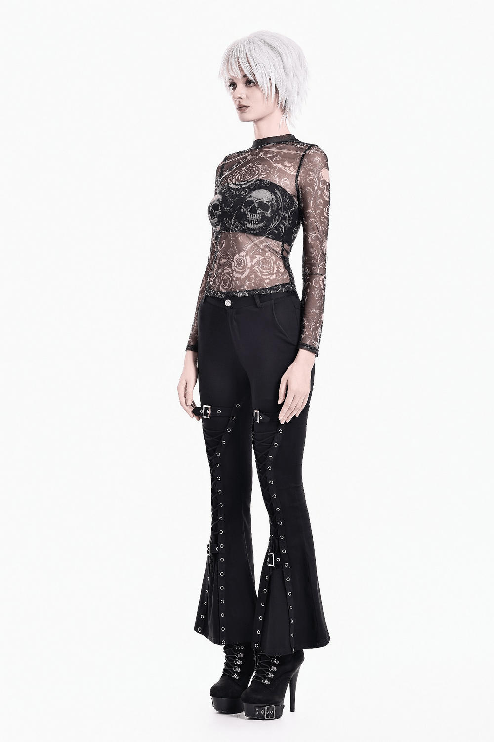 Women's Gothic Skull and Rose Mesh Long Sleeve Sheer Top