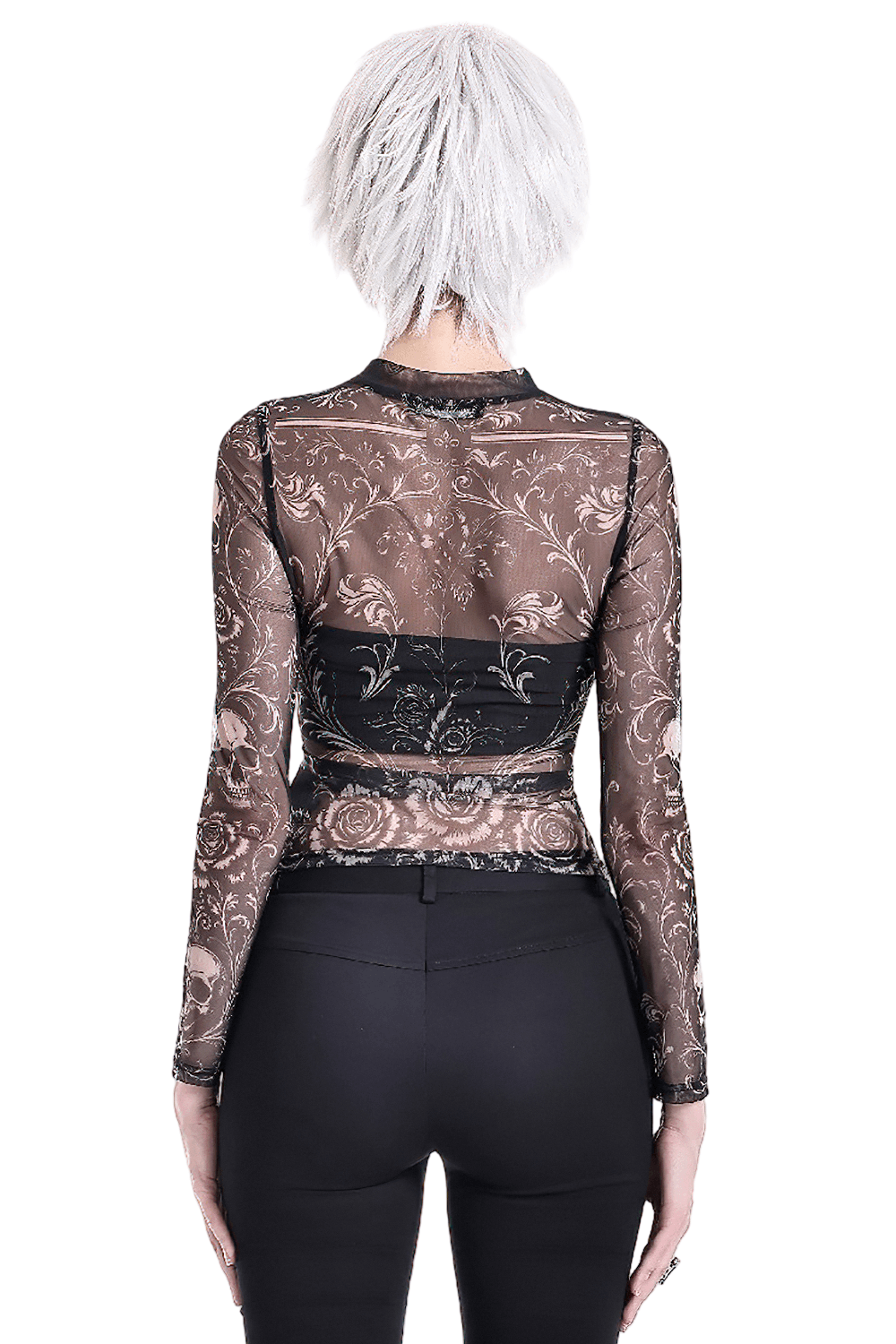 Women's Gothic Skull and Rose Mesh Long Sleeve Sheer Top
