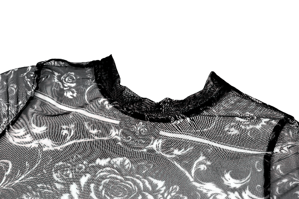 Women's Gothic Skull and Rose Mesh Long Sleeve Sheer Top