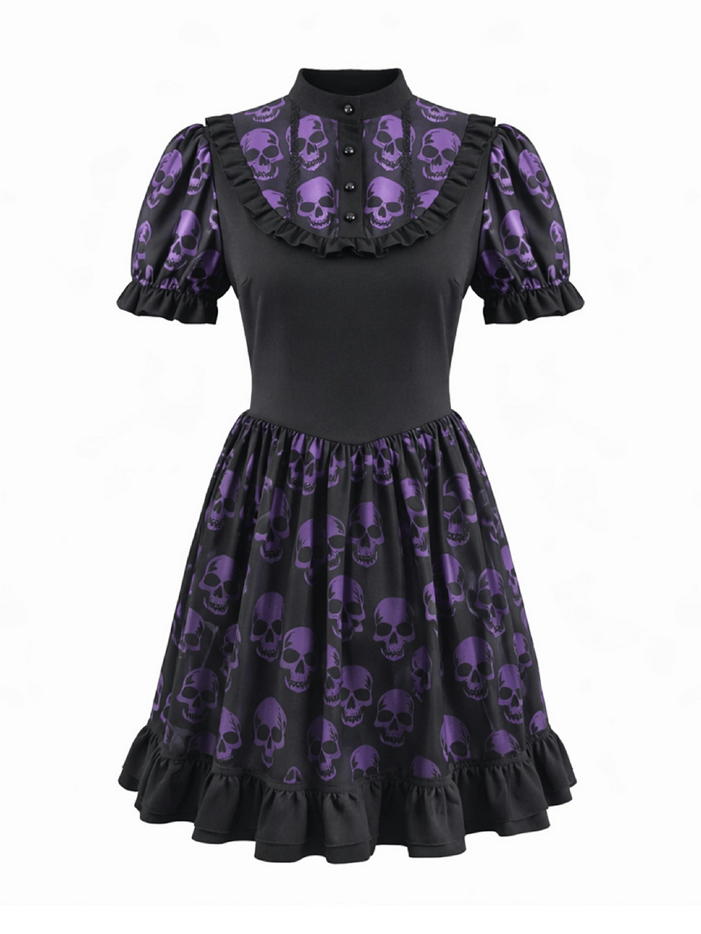 Women's Gothic Skull Print Mini Dress with Puff Sleeves