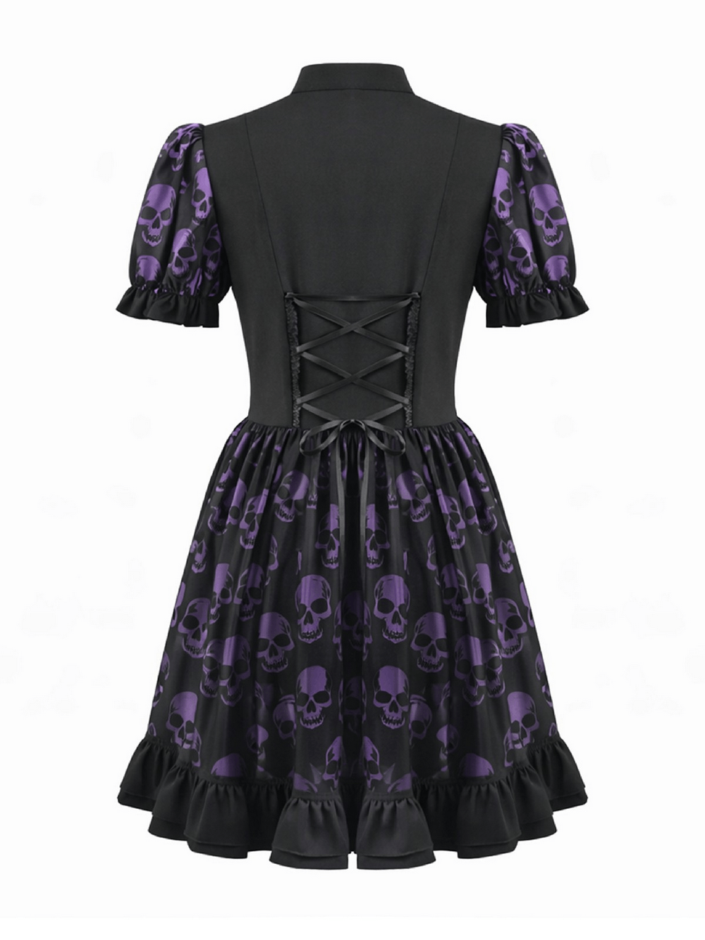 Women's Gothic Skull Print Mini Dress with Puff Sleeves