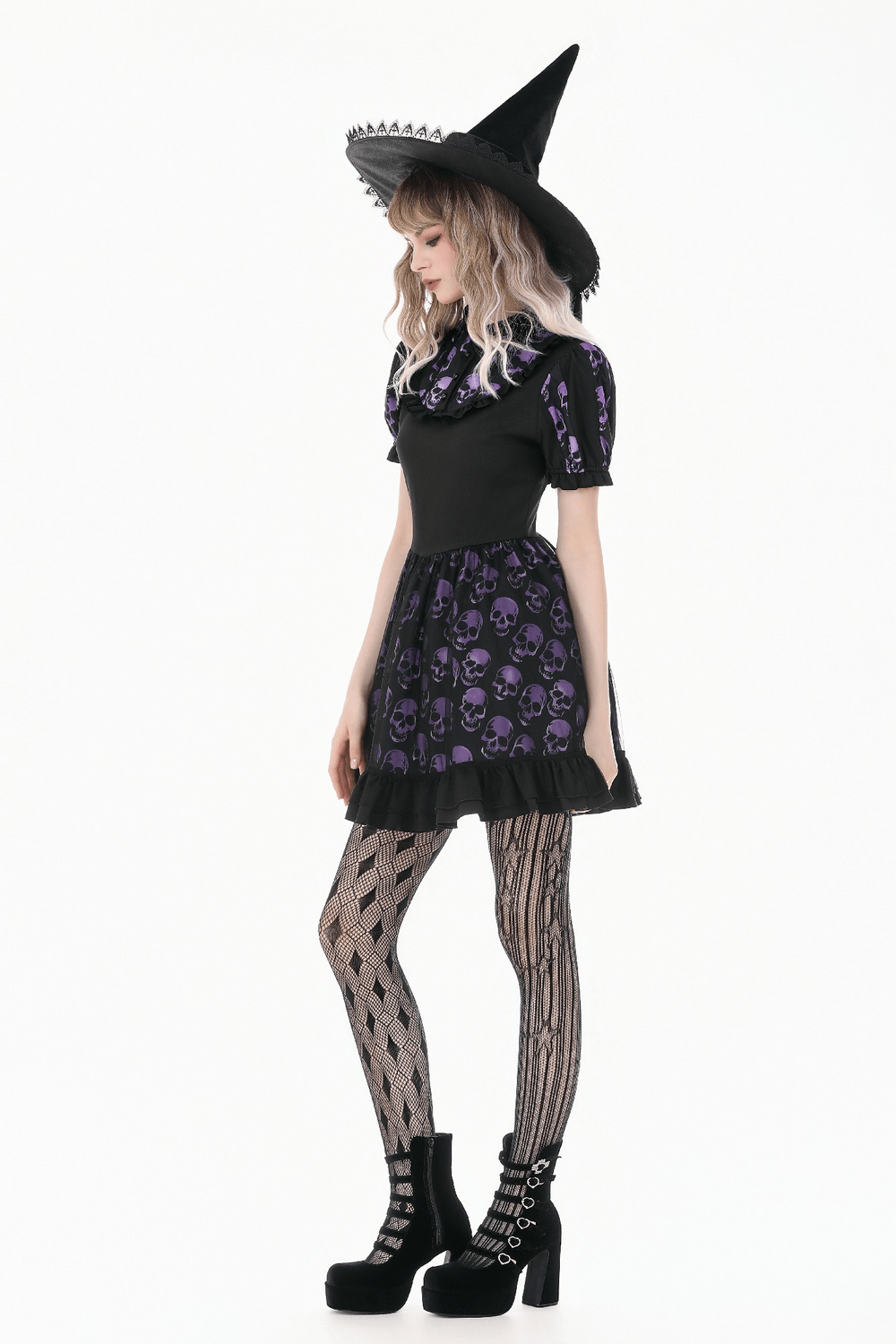 Women's Gothic Skull Print Mini Dress with Puff Sleeves