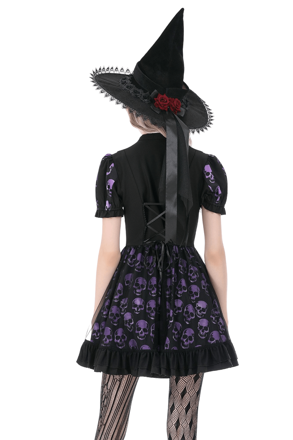Women's Gothic Skull Print Mini Dress with Puff Sleeves