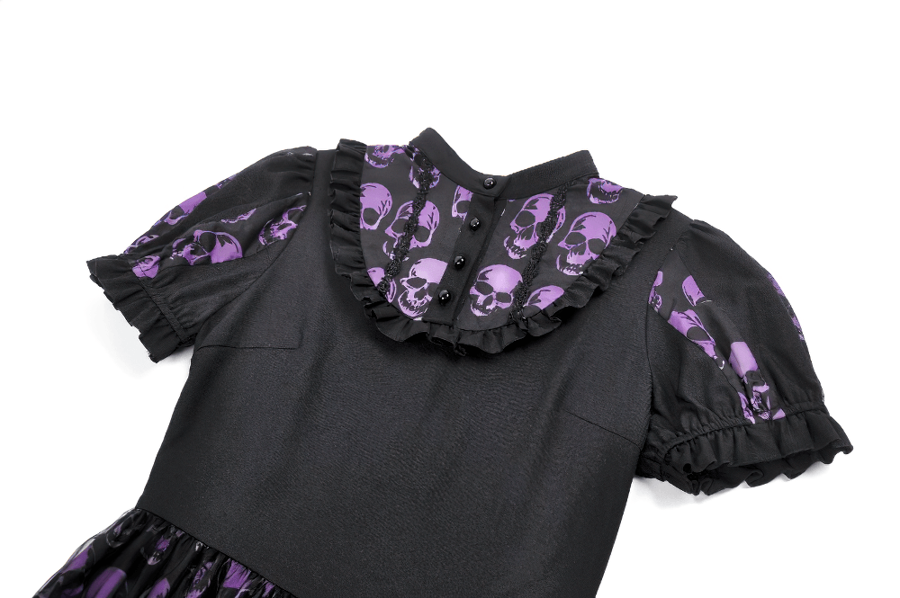 Women's Gothic Skull Print Mini Dress with Puff Sleeves