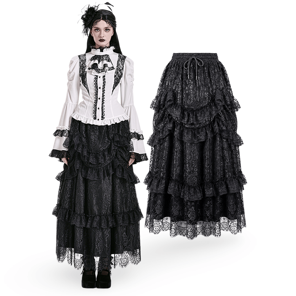 Women's Gothic Tiered Lace Maxi Skirt with Ruffles