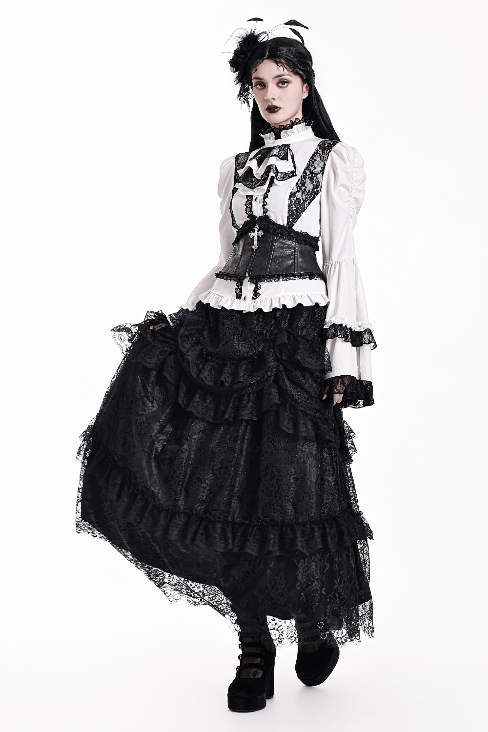 Women's Gothic Tiered Lace Maxi Skirt with Ruffles