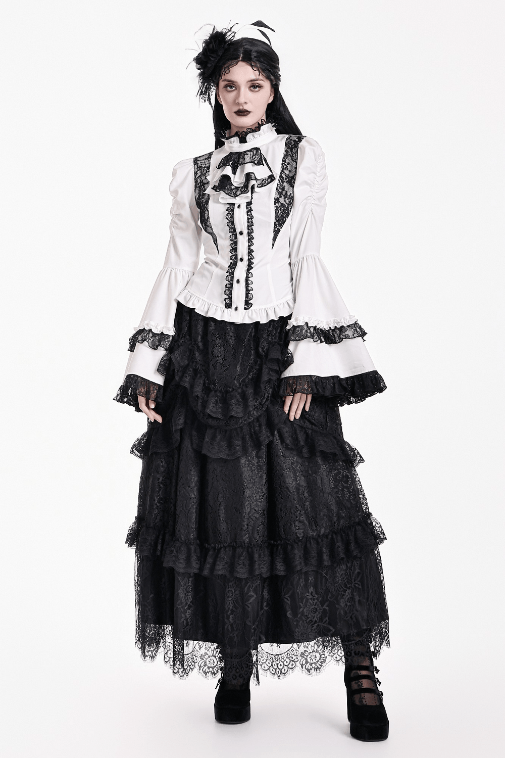 Women's Gothic Tiered Lace Maxi Skirt with Ruffles