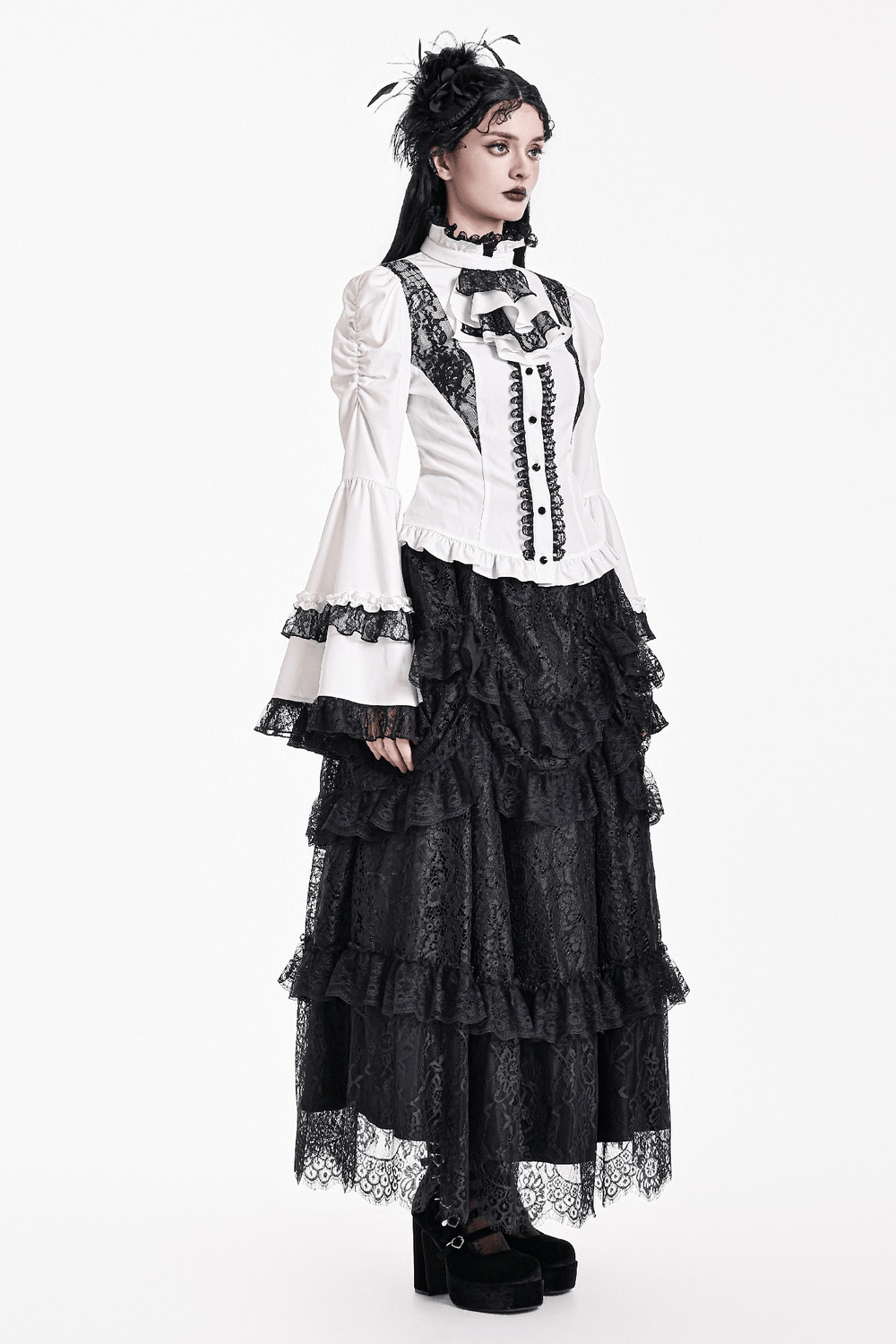 Women's Gothic Tiered Lace Maxi Skirt with Ruffles