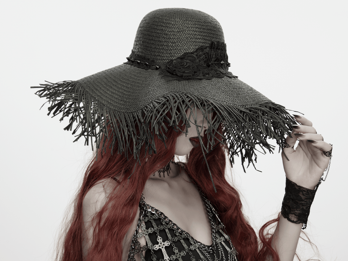 Women's Gothic Wide Brim Straw Hat with Frayed Fringe
