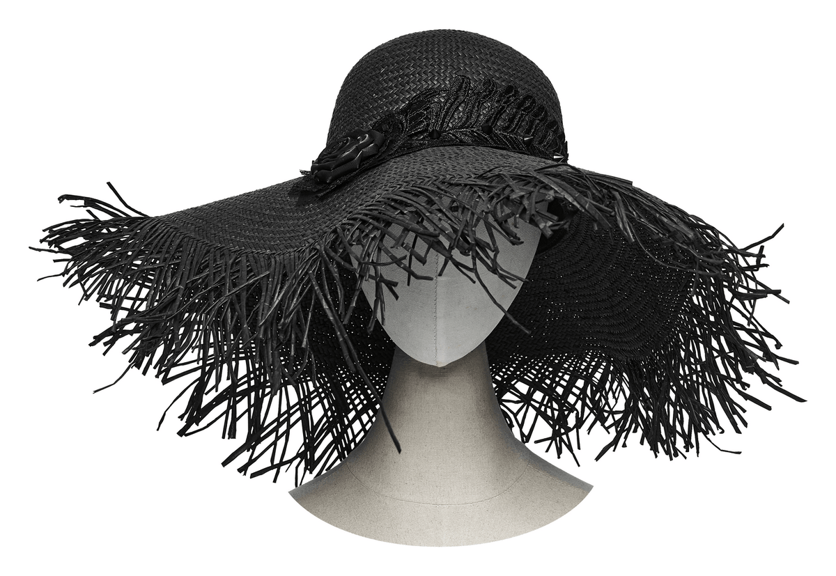 Women's Gothic Wide Brim Straw Hat with Frayed Fringe