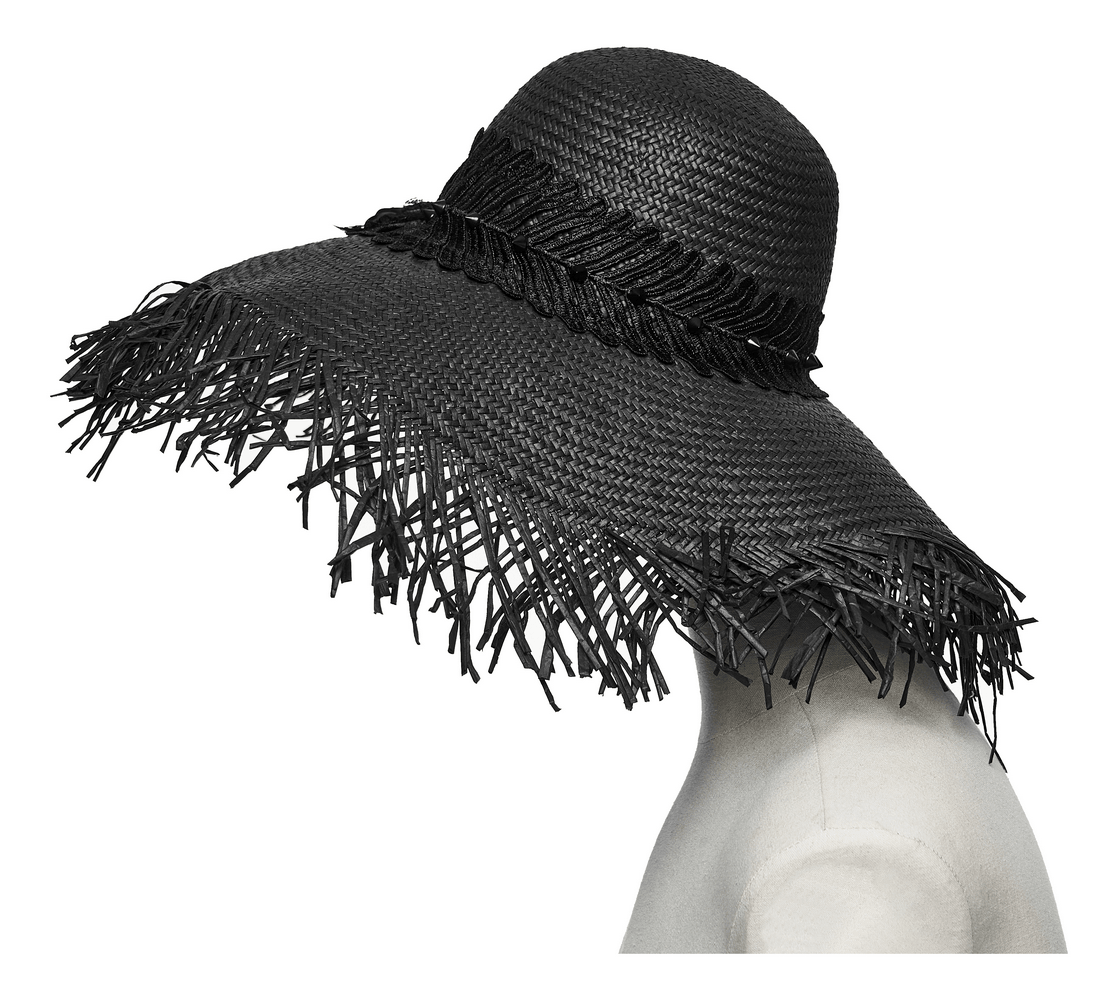 Women's Gothic Wide Brim Straw Hat with Frayed Fringe