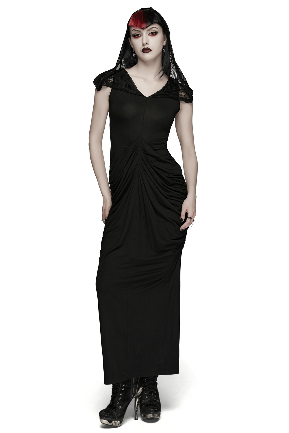 Women's Hooded Gothic Ruched Lace Evening Dress